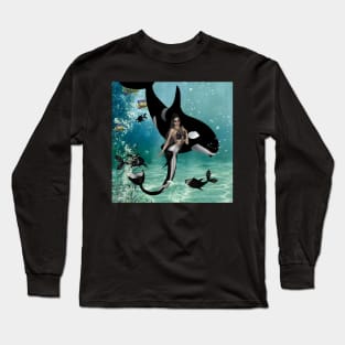 Wonderful mermaid with orca in the deep ocean Long Sleeve T-Shirt